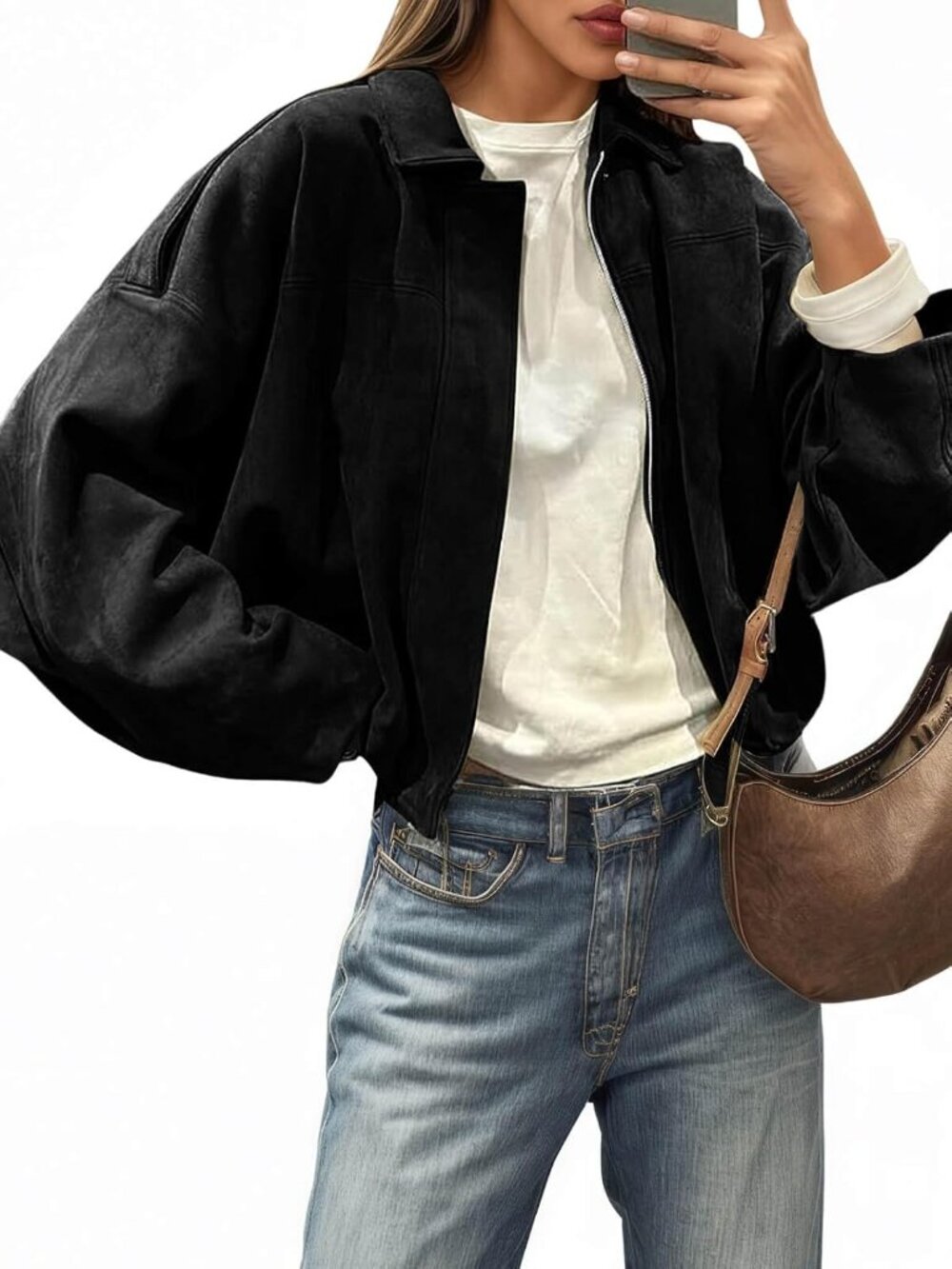 Women Black Faux Suede Oversized Lapel Collar Zip Up Cropped Moto Bomber Jacket